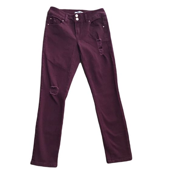 Refuge Denim Distressed Skinny Jeans ~ Sz 2 ~ Burgundy ~  Mid Rise ~ 27" Inseam - Picture 1 of 6